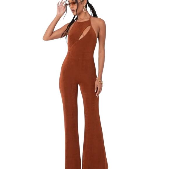 Edikted Kora Flared Open Back Jumpsuit Romper Brown Medium - Picture 1 of 7